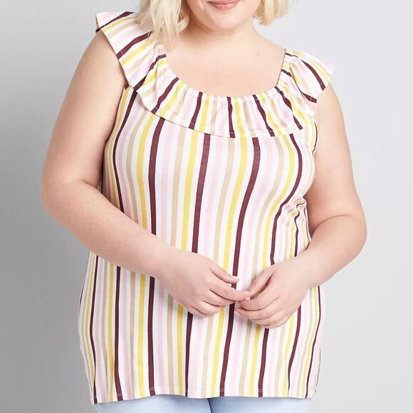 LANE BRYANT Plus Size Ruffle Edge Tank Top White Burgundy Pink Yellow Striped 3X - Picture 1 of 13